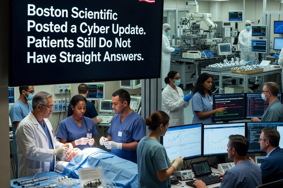 Hospital procedure room and medical manufacturing floor with interventional cardiology tools, structural heart valve packaging, endoscopy equipment, and sterile device trays, plus an operations room where clinicians and IT staff review supply systems and cybersecurity monitoring screens, United States healthcare setting, response underway after a recent cybersecurity incident at Boston Scientific