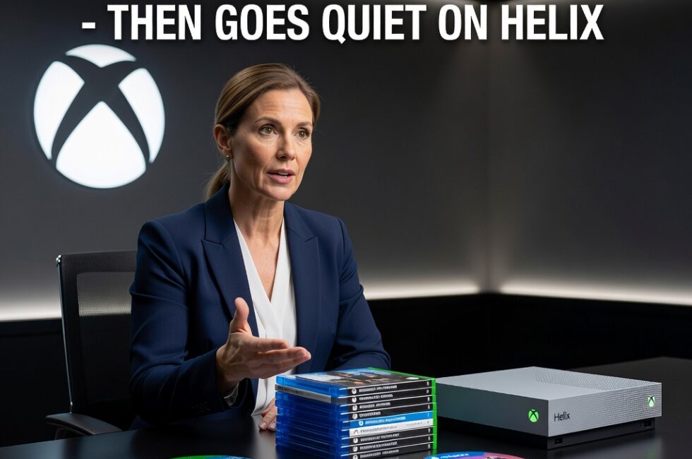 A professional woman in the role of Xbox CEO in a modern interview setting in August 2026, next-generation Xbox Helix console hardware nearby, a stack of physical Blu-ray game discs and cases on a table, Microsoft Xbox branding in the background, conversation about physical game discs versus digital downloads