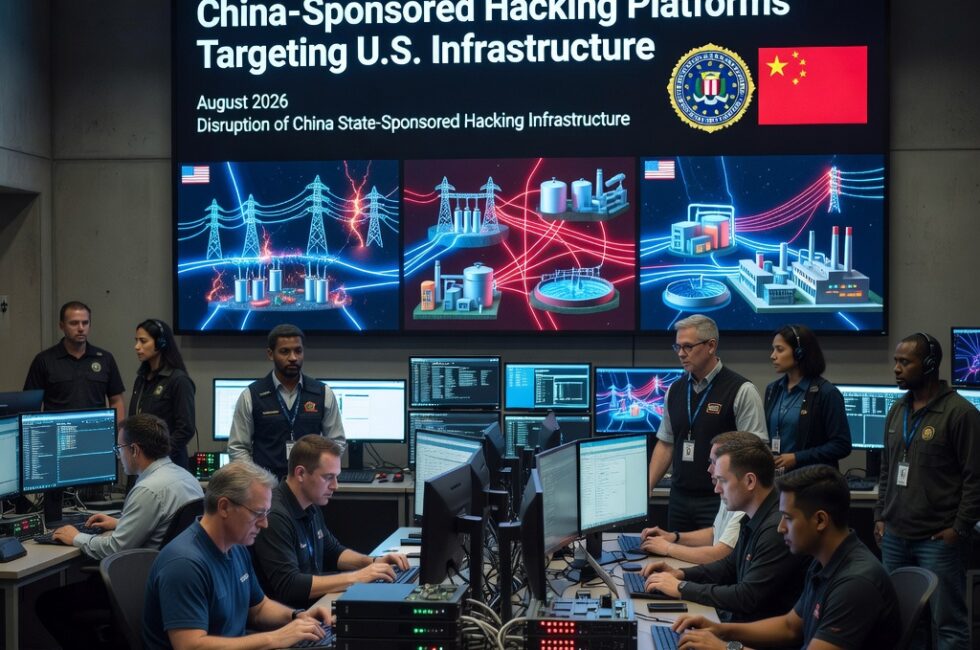 Federal cybersecurity operators in a dim U.S. law enforcement operations center at workstations, multiple monitors showing abstract network maps tied to QScan and QTRouter platforms with no readable text, visual motifs of American power substations, water plants, and industrial facilities, seized server hardware on a metal table, August 2026, disruption of China state-sponsored hacking infrastructure