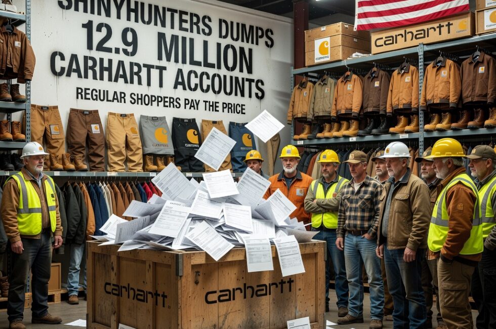 A large United States workwear warehouse in August 2026 filled with Carhartt jackets, heavy pants, and boots. A retail customer database of 12.9 million shopper accounts being copied and released from apparel company servers. An extortion group publishing stolen clothing retailer records. Construction workers, farmers, and outdoor laborers as the affected customers. Digital account records spreading away from a major American workwear brand.
