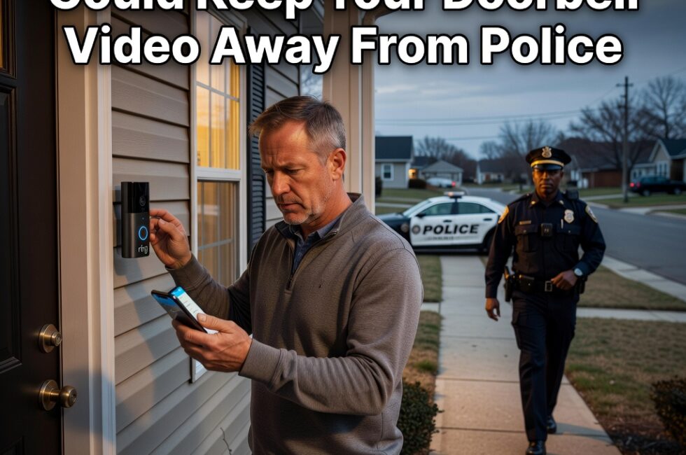 A homeowner on a suburban American front porch inspecting an Amazon Ring video doorbell mounted beside the front door, smartphone in hand, a police officer walking up the front path, a patrol car parked at the curb, dusk light on a residential neighborhood, close view of the doorbell camera hardware and porch siding