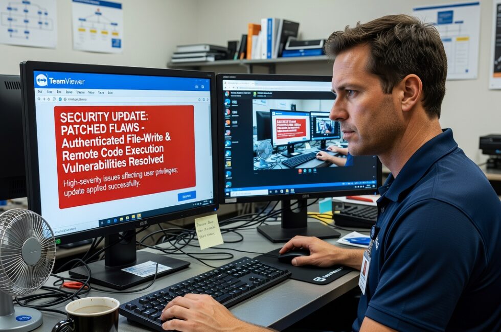 An IT technician in a small office in August 2026 applying a security update to TeamViewer remote-access software on a desktop computer, a second monitor showing an active remote desktop support session, representing patched high-severity authenticated file-write and remote code execution flaws affecting user privileges