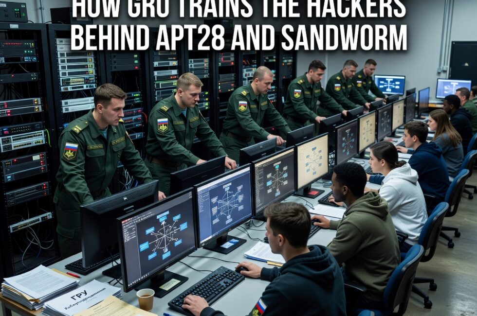 Students and military instructors in a Russian university computer laboratory with rows of PC workstations and dual monitors, server racks and network switches along a wall, printed academic records and folders on a desk, GRU military cyber training environment linked to APT28 and Sandworm, Russia, August 2026, screens showing generic network diagrams, no readable text