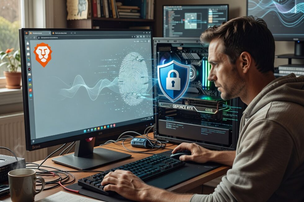 Brave Browser logo and interface on a computer screen, modern GPU graphics card hardware close-up, digital fingerprint overlay graphic, privacy shield icon, WebGL rendering visualization, desktop computer setup in a home office, subtle code or data stream elements representing tracking defenses