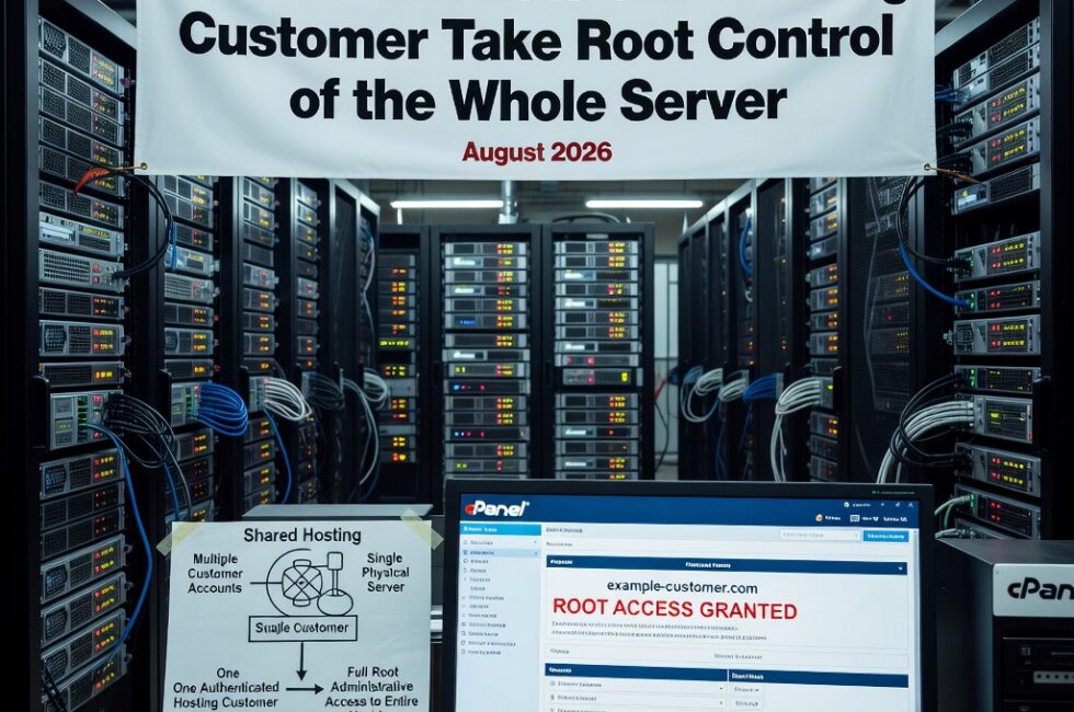 A data center server room with rows of rack-mounted web hosting servers. A foreground workstation shows a hosting control panel used to manage websites and domains. Multiple customer accounts share a single physical server. One authenticated hosting customer with domain controls obtains full root administrative access to the entire machine. cPanel hosting software, shared web hosting environment, August 2026.