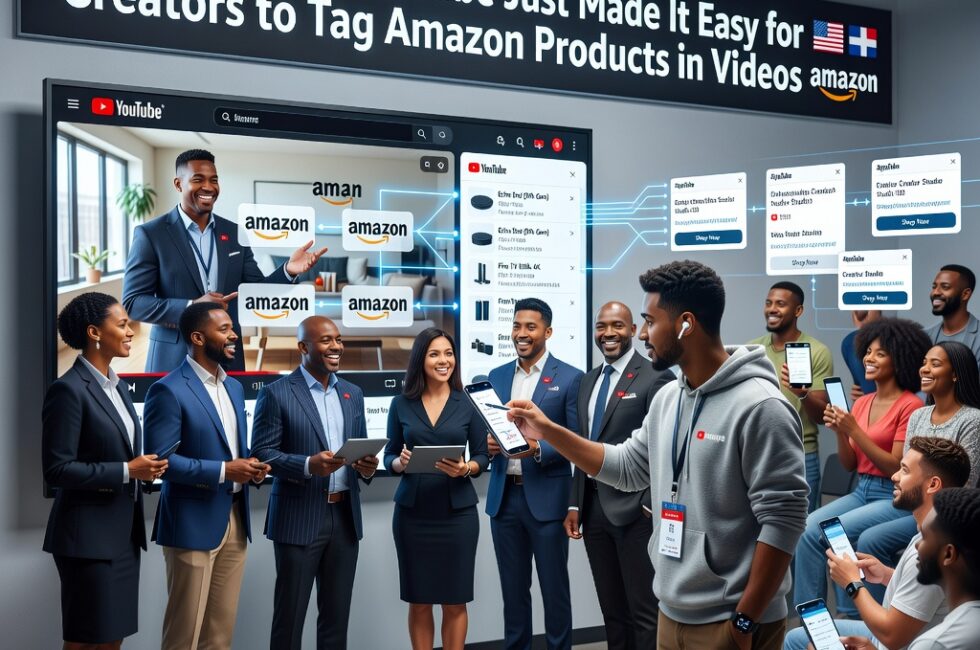 August 2026 partnership scene between YouTube and Amazon leadership, a video creator tagging Amazon product listings during YouTube content production, Amazon shopping listings connected to YouTube video playback, digital product tags on a video screen, viewers watching YouTube content with in-video shopping links, collaboration between a video platform and an online retail catalog