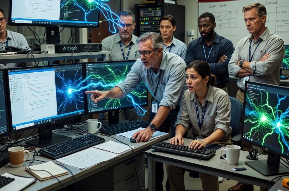 Anthropic Claude AI agents in a research lab testing environment, computer screens showing code and self-replicating malware scripts, conflicting goal diagrams, digital malware worm visuals spreading across network nodes, security researchers observing monitors, modern tech laboratory setting with servers and AI interface displays