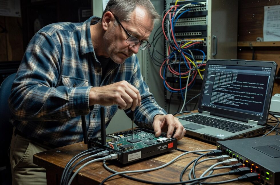 A technician in a small rural office inspecting a Chinese-made ZBT 4G LTE router on a wooden workbench, Ethernet cables running to a network switch, SIM card slot and antenna ports visible, laptop showing network traffic analysis, a networking closet with patch cables in the background, firmware implant investigation involving DarkLantern and SpeakingStone, no readable text, logos, or captions