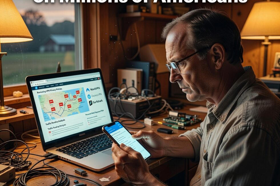 Middle-aged man in a rural American home office sitting at a wooden desk with a laptop and smartphone, network cables and small electronics on a nearby workbench, warm indoor lighting, United States, August 2026, reviewing VPN applications and personal internet traffic routing