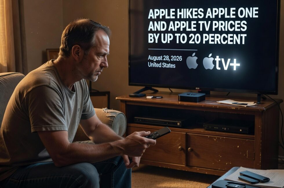 An adult seated on a couch in a modest American living room holding an Apple TV remote, facing a television with an Apple TV streaming device on the entertainment stand, a smartphone on the coffee table, Apple One bundle and Apple TV subscription price increase, United States home interior, August 28, 2026, warm evening indoor lighting, no readable text in the scene