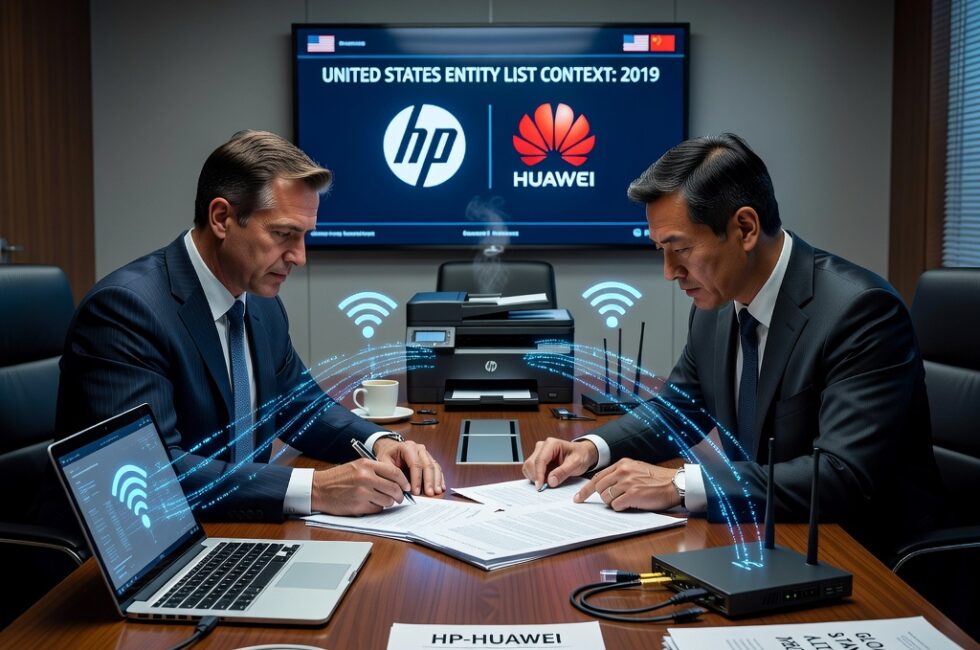 Corporate patent licensing scene between HP and Huawei covering essential Wi-Fi patents, American PC and printer maker facing a Chinese telecommunications firm, Wi-Fi wireless signals linking laptops printers and networking gear, United States Entity List context since 2019, executives finalizing a licensing agreement, global wireless standards and royalty paperwork, office products and radio hardware in the background