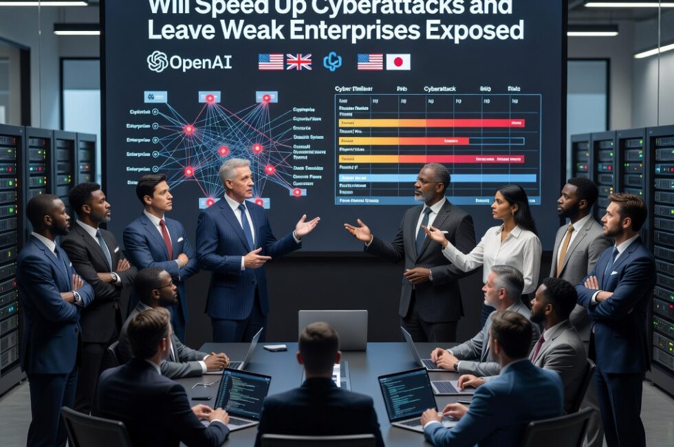 OpenAI executives and coalition security partners in a professional briefing with enterprise security leaders, analysts in a operations center watching large monitors with network topology maps and compressed cyberattack timeline visualizations, highlighted weak points on enterprise system diagrams, laptops on a conference table, server racks in the background, modern corporate technology setting.