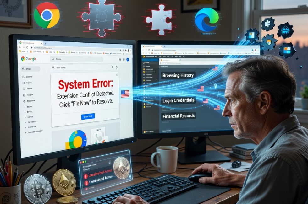 Home office desk with a computer showing Google Chrome and Microsoft Edge browser windows, puzzle-piece extension icons, cryptocurrency coins beside a digital wallet interface, streams of personal data and browsing history being siphoned away, malware modules deploying, and a fake ClickFix-style error prompt on the monitor, late August 2026