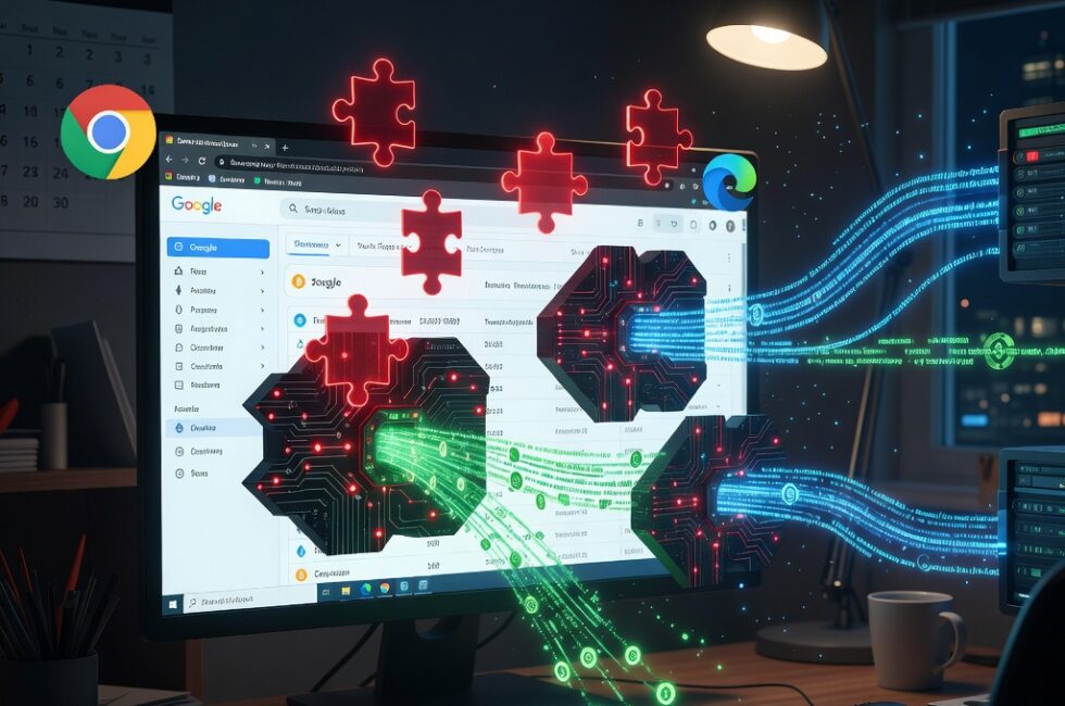 Desktop computer with Google Chrome and Microsoft Edge browsers open, puzzle-piece browser extension icons in the toolbar, cryptocurrency wallet interface on screen, abstract malware modules overlay siphoning crypto assets and browser history as outgoing data streams, dim home office, late August 2026, photorealistic, no readable text