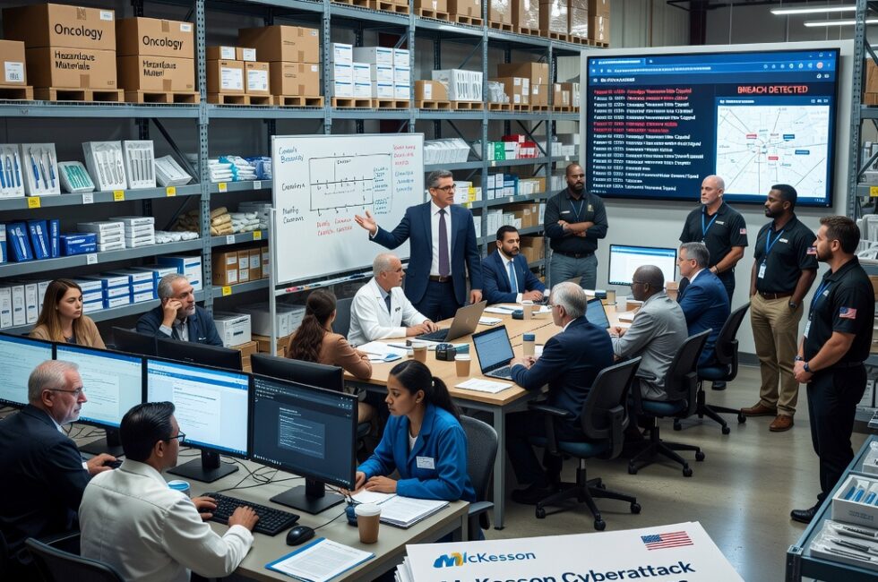 A large Texas pharmaceutical distribution warehouse and hospital pharmacy in August 2026, McKesson oncology drugs and surgical medical supplies on industrial shelves, clinicians and pharmacy staff at computers during a service disruption, IT security investigators examining a breached third-party business application, digital records from oncology and surgical customer accounts being copied, chief technology officer Francisco Fraga leading an incident response meeting, identity protection paperwork for affected healthcare customers