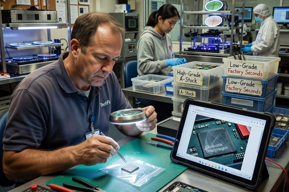 Close-up of smartphone processor chip on silicon wafer, factory testing equipment sorting computer chips into performance bins, modern smartphone internal circuitry, semiconductor manufacturing clean room, labeled chip bins showing high and low performance grades, Android phone motherboard with SoC visible