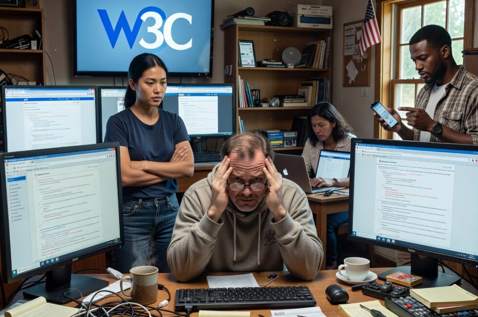 The Register article from August 17 2026 on declining attention to web standards. Visual entities include W3C logo, Chrome Firefox and Safari browser windows, HTML CSS and JavaScript code on screens, frustrated users at laptops and phones, broken or misaligned website layouts, developers at desks, computer monitors showing inconsistent page rendering, rural home office setting with practical tech tools.