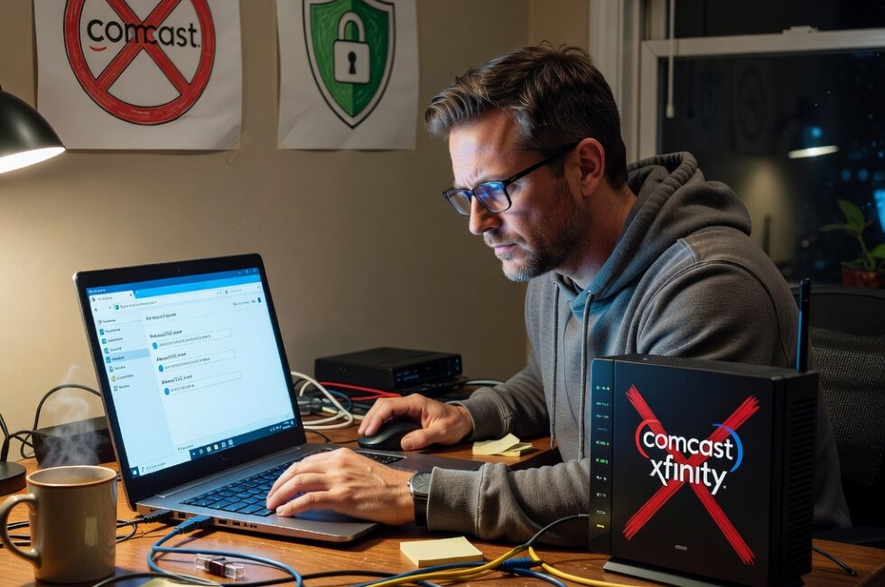 Person at desk using laptop changing network settings, router device visible, ISP logo crossed out, privacy shield icons, computer screen showing DNS configuration page.