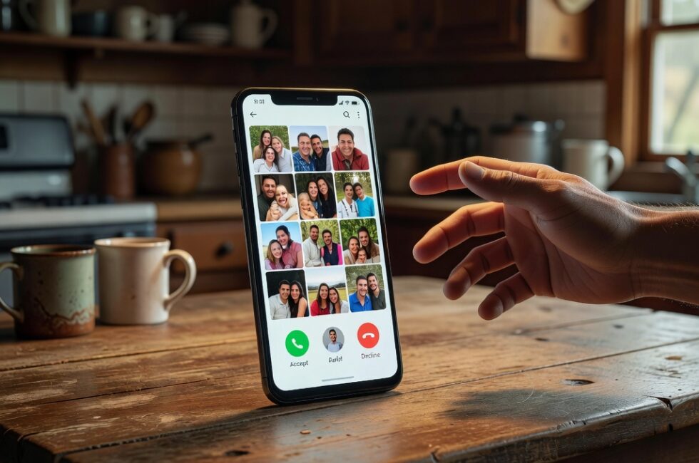 Locked Android smartphone on a worn wooden table in a rural kitchen, WhatsApp video call interface covering the lock screen, an adult hand reaching toward the device, private photo gallery conceptually exposed behind the call overlay, warm practical indoor lighting, no readable text, logos, captions, or watermarks