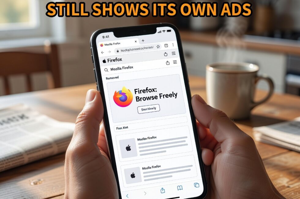 A person at a kitchen table holds an Apple iPhone running Mozilla Firefox on iOS in September 2026. Close view of adult hands and the phone screen showing a mobile webpage with third-party website advertisements removed from the layout while a Firefox advertisement remains visible in the browser. Indoor residential lighting, everyday home setting, Firefox browser on iPhone, blocked web ads contrasted with Mozilla advertising.