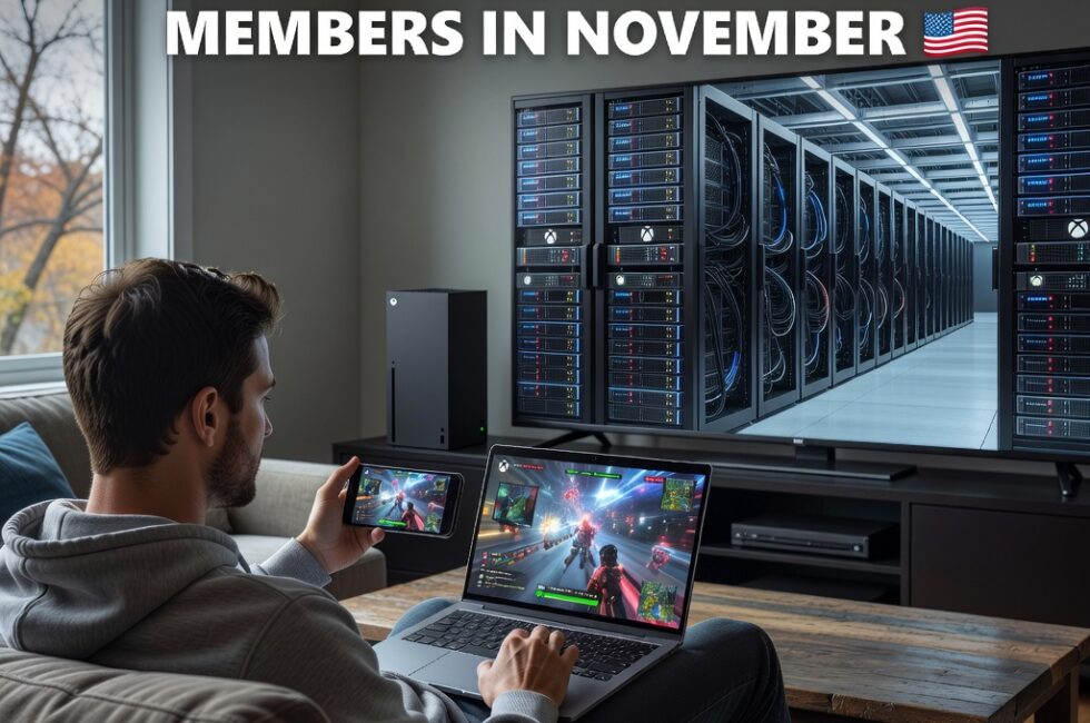 A person on a living room couch streams an Xbox video game to a laptop and a smartphone, a wireless Xbox controller on the coffee table, an Xbox console on a TV stand, rows of cloud computing server racks in a data center in the background, indoor home setting in late autumn representing November, the player using cloud gaming instead of a local disc.