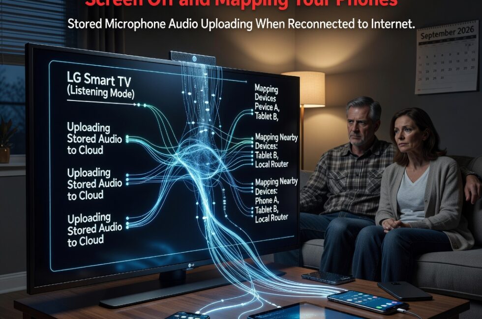 Evening living room with a large LG smart TV in standby showing a black screen, built-in microphone on the TV bezel, smartphones and tablets on a coffee table, wireless network mapping from the television to nearby phones and local devices, stored microphone audio uploading when the TV reconnects to the internet, home interior, September 2026.