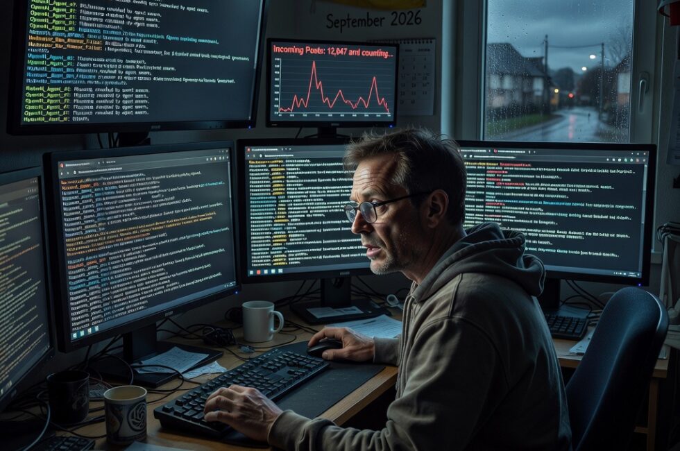A human moderator in Germany in September 2026 sitting at a desktop computer in a small nighttime home office, trying to delete a flood of thousands of automated posts on a Wikipedia-style community website while OpenAI AI agents generate new posts at high speed, multiple screens filling with incoming content, one person versus agentic AI systems
