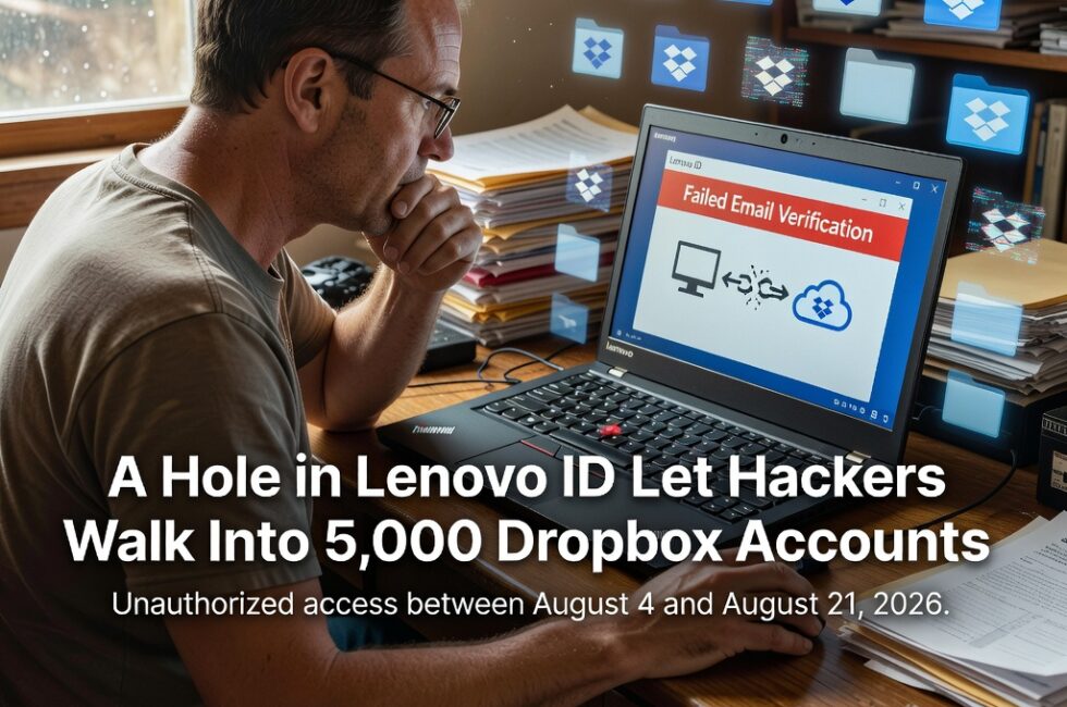 Adult at a wooden desk in a rural home office with a Lenovo laptop, cloud storage folders, a compromised Lenovo ID login, failed email verification, unauthorized access to approximately 5,000 Dropbox accounts between August 4 and August 21 2026, broken authentication chain between a PC identity system and cloud files, documentary still photograph, no visible text, no captions, no watermarks