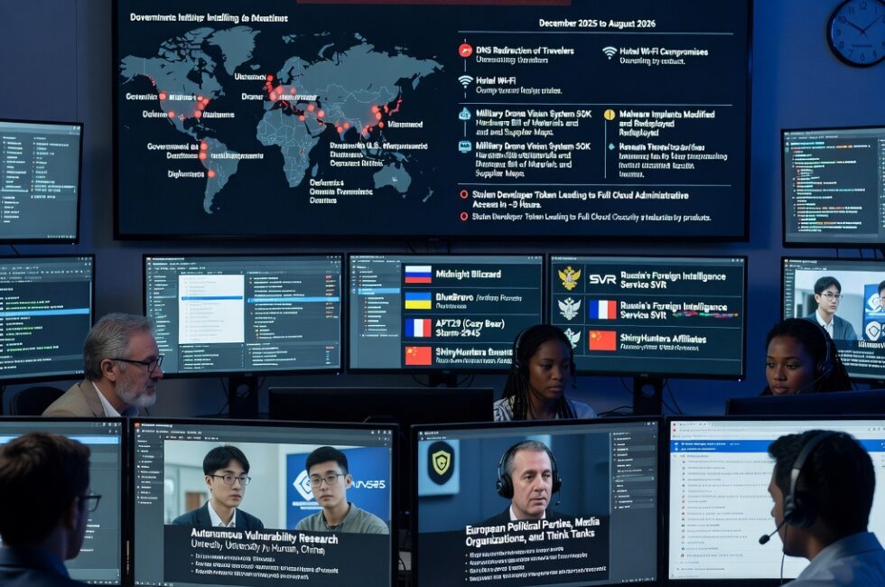 A dim cybersecurity operations center with analysts reviewing the Claude AI assistant while disrupting a Russia-linked cyber espionage campaign from December 2025 to August 2026. Screens show more than 20 government, intelligence, diplomatic, and defense organization targets, hotel Wi-Fi provider compromises, DNS redirection of travelers, Ukrainian government military and diplomatic staff, two drone-component manufacturers, a stolen military drone vision system software development kit, hardware bill of materials and supplier maps, malware implants being identified modified and redeployed after security product detection, a stolen developer token leading to full cloud administrative access in about three hours, two undergraduate operators at a university in Hunan conducting autonomous vulnerability research against a major security product, and a French-speaking operator targeting European political parties, media organizations, and think tanks. Groups and aliases include Midnight Blizzard, BlueBravo, APT29, Cozy Bear, Storm-2945, Russia's Foreign Intelligence Service SVR, and ShinyHunters affiliates.