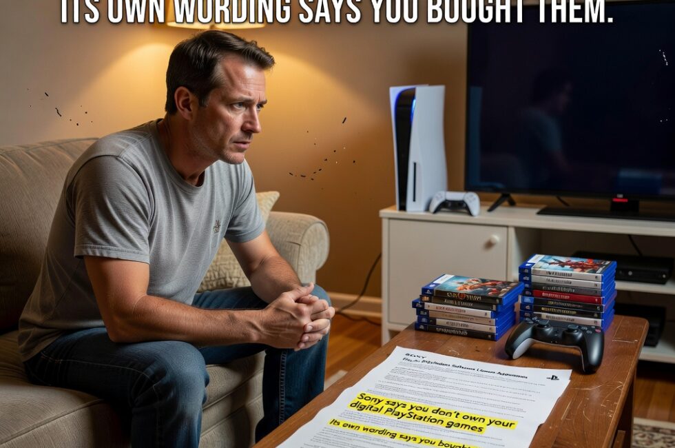 Adult in casual clothing seated on a living room couch facing a television and a PlayStation 5 console with a DualSense controller on a media stand, physical game cases stacked beside the console, a printed software license document on a coffee table, suburban American living room, warm evening indoor lighting
