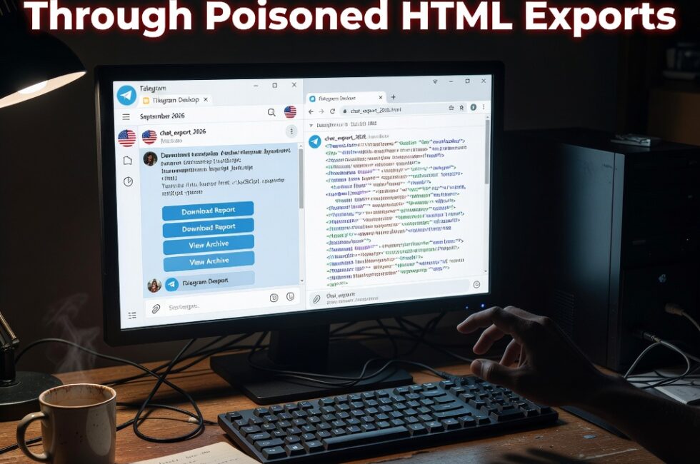 A wooden desk with a desktop computer running Telegram Desktop, a chat thread with bot-created buttons on screen, and a web browser open to an HTML conversation export file, depicting theft of chat messages through malicious JavaScript in poisoned HTML exports, September 2026.