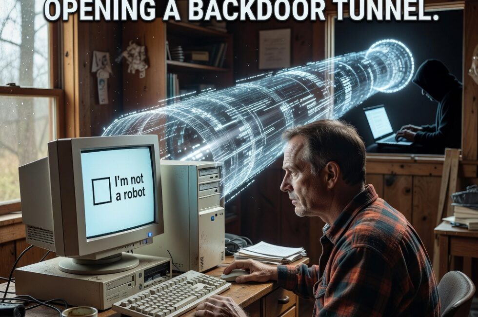 An adult at a wooden desk in a modest rural American home office, facing a desktop computer. The monitor shows a generic human-verification checkbox webpage with no readable text. A luminous data tunnel of light extends from the back of the computer into a dark remote space where a silhouetted attacker sits at another machine. Daylight through a window, photorealistic, no logos as text, no watermarks, no captions.