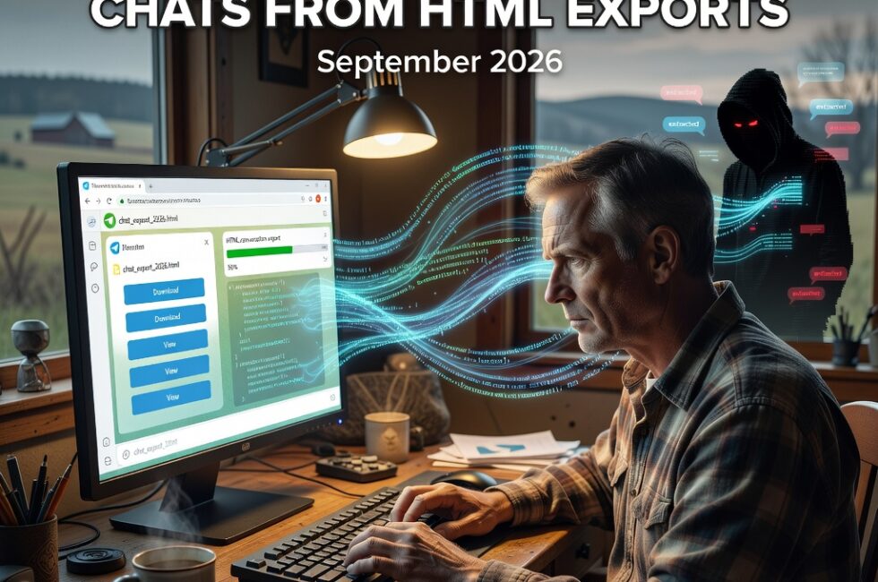 A person in a rural home office at a wooden desk using a desktop computer running Telegram Desktop, a chat window with bot-created buttons, an HTML conversation export being saved locally, conceptual scene of JavaScript extracting private chat messages from the exported file, September 2026, practical workspace lighting, no readable text