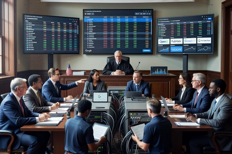 U.S. federal district courtroom in Virginia, September 2026. Department of Justice antitrust attorneys and Google LLC representatives at opposing counsel tables. Digital advertising technology systems including real-time ad auction screens and rival ad software platforms being connected to Google products. Federal judge presiding over a monopolization remedies proceeding and issuance of behavioral relief. Serious legal atmosphere. No readable text, captions, logos, or watermarks.