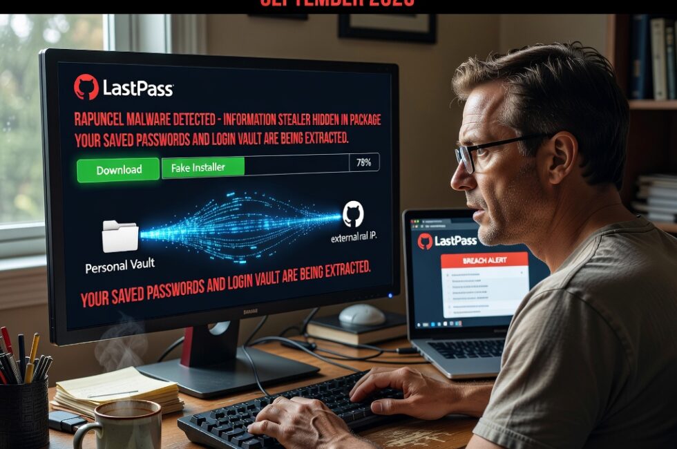 Home office computer user at a wooden desk, GitHub repository impersonating LastPass password manager, fake installer download in progress, Rapuncel information-stealing malware hidden inside a password manager package, saved passwords and login vault being taken from a personal computer, September 2026