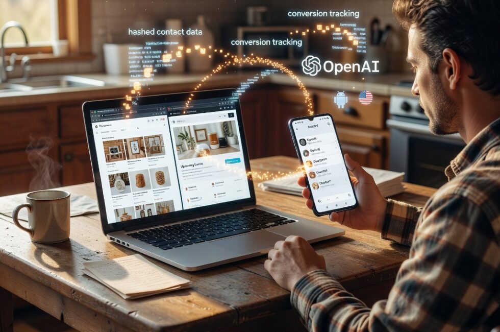 Photorealistic rural kitchen scene of an adult at a wooden table using a smartphone with an AI chat app open beside a laptop showing retail shopping and ticket booking websites. Abstract glowing cookie and tracking pixel trails connect the chat session to the shopping pages. OpenAI advertising measurement, Android phone, conversion tracking, hashed contact data concept, September 2026. No captions, no watermarks, no on-image text.