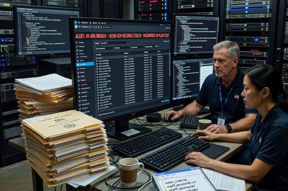 Dim data center in September 2026, two operators at workstations facing server racks, multiple monitors showing WordPress admin dashboards and database tables, stacks of government file folders, unmasked password fields, webshell files on a disk, scene of a 49-organization credential theft
