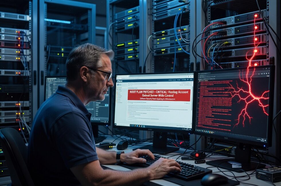 Dim server room with rows of shared web hosting racks, a middle-aged male systems administrator at a workstation reviewing a hosting control panel, a single customer hosting account gaining root-level control of an entire server, neighboring customer database servers at risk, software security patch being applied to hosting infrastructure, September 2026, cool low lighting, no readable text, no logos, no captions, no watermarks