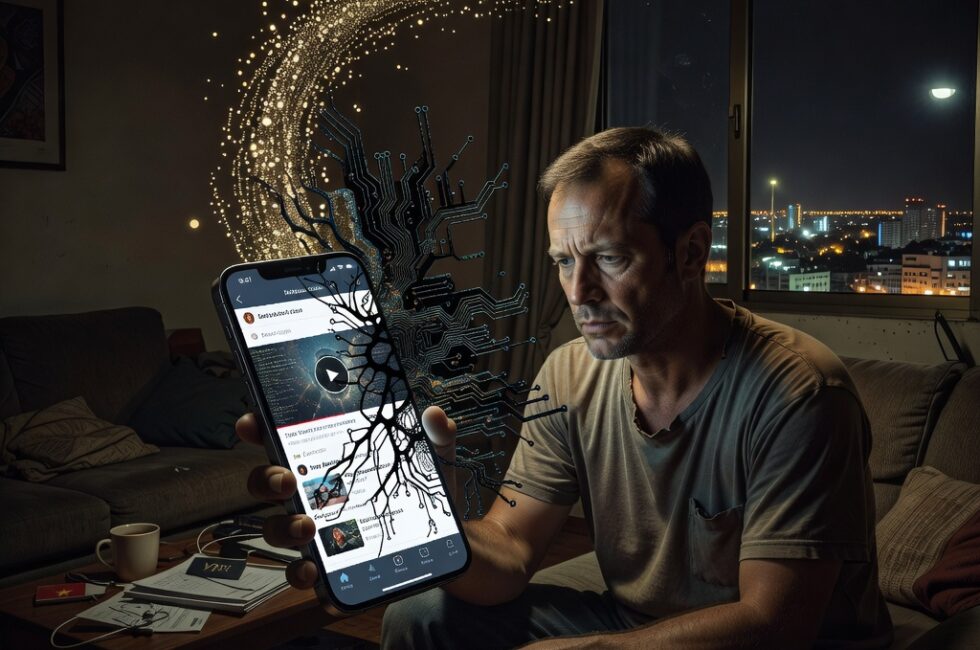 Adult in a modest home at night holding an iPhone and watching an online video streaming site, malicious code concealed inside a website theme shown as dark abstract circuitry over the page, cryptocurrency wallet seed backup being stolen as light leaving the phone, Vietnam city lights outside a window, September 2026, spyware targeting iPhone crypto wallets, photorealistic cinematic lighting, no readable text, no captions, no watermarks