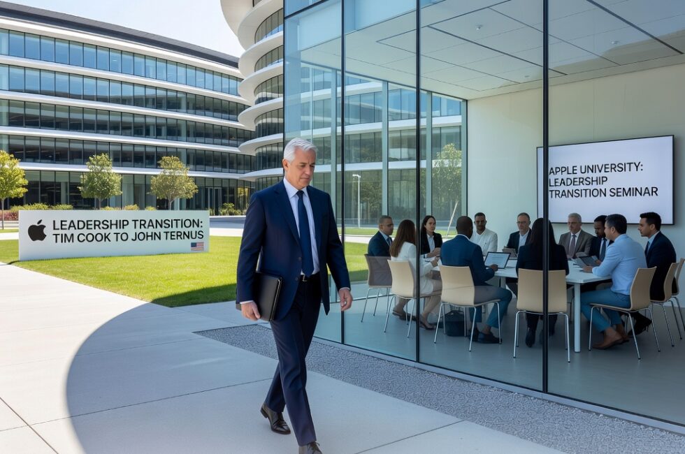 Former Apple CFO Luca Maestri, a late-middle-aged male executive in business attire, at Apple headquarters in Cupertino, California in September 2026, walking away from glass office buildings, nearby Apple University classroom with a small professional class in session, Corporate Services workplace in the background, leadership transition from Tim Cook to John Ternus as Apple CEOs, daytime modern corporate campus