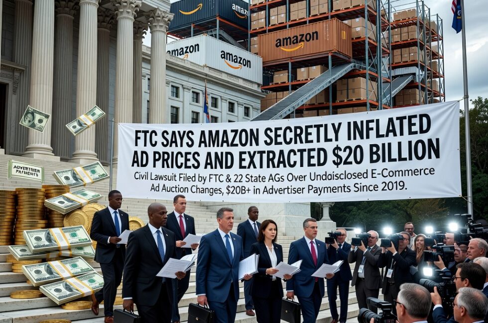 Federal Trade Commission officials and attorneys general from 22 U.S. states filing a civil lawsuit against Amazon over undisclosed changes to an e-commerce advertising auction system, inflated digital ad prices, more than 20 billion dollars in advertiser payments since 2019, government legal action, online marketplace advertising bids, courthouse architecture with Amazon-style fulfillment and advertising operations in the background