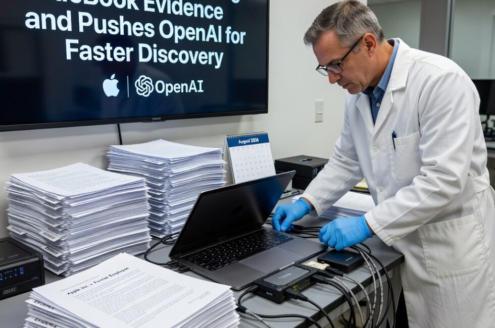 A forensic examiner inspects an opened silver Apple MacBook on a laboratory workbench connected to drive imaging hardware and cables. Stacks of legal documents sit nearby. Corporate setting involving Apple and OpenAI, analysis of a former employee laptop, August 2026.