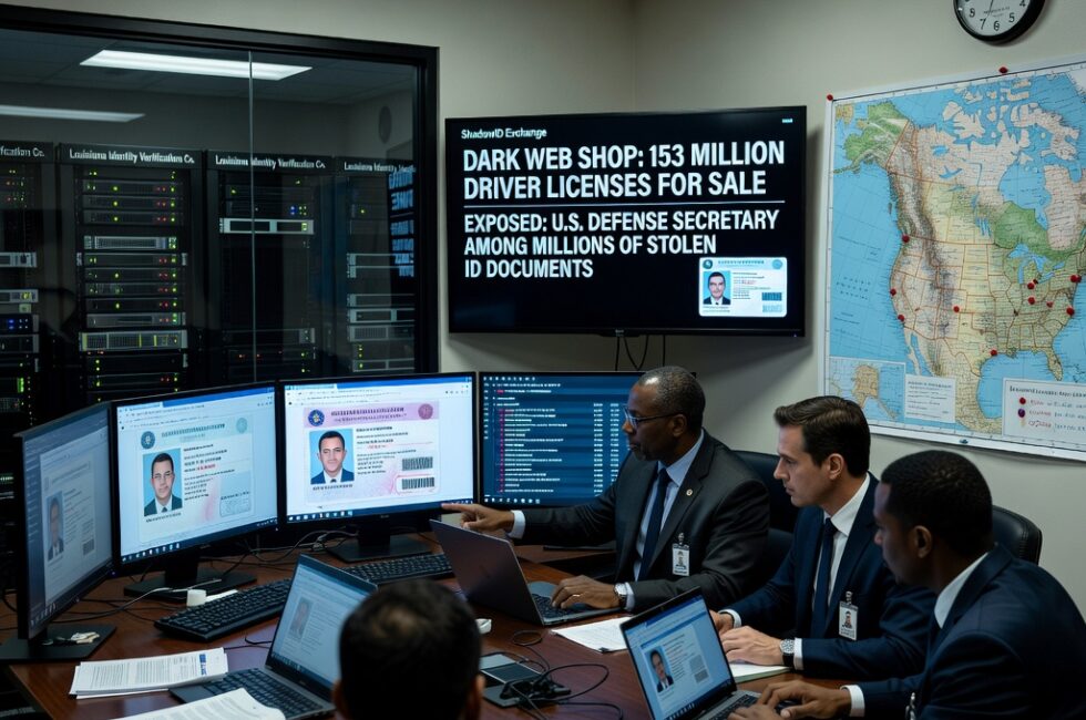 FBI investigators in a New Orleans field office in September 2026 reviewing digital driver license scans on multiple computer monitors, a dark web identity marketplace on a screen, server racks at a Louisiana identity verification company, maps of the United States and Canada, a U.S. Defense Secretary among millions of exposed ID document images, federal agents in a conference room examining stolen identity records
