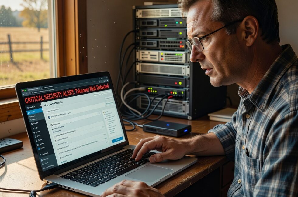 A website administrator in a small rural office at a wooden desk with a laptop used for WordPress site management, All-in-One WP Migration and Backup plugin context, external backup drive on the desk, database server hardware in the background, late summer window light, September 2026, no readable text