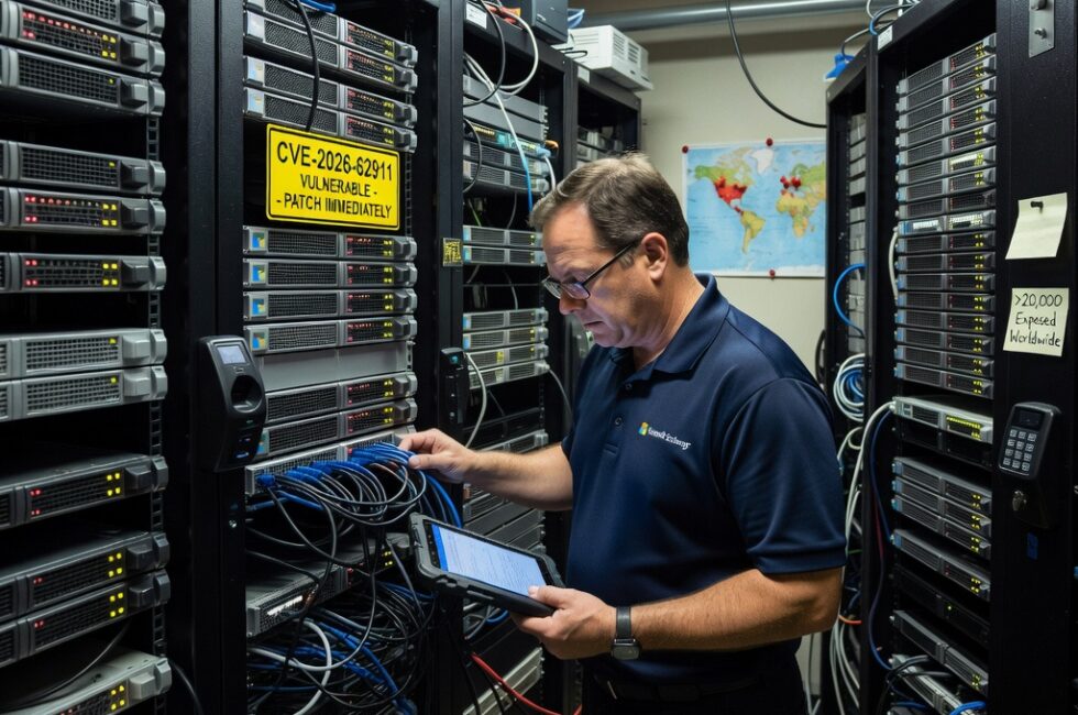 IT administrator in a small business server room in September 2026 inspecting rack-mounted Microsoft Exchange email servers, dense server racks and network cables suggesting more than twenty thousand exposed systems worldwide, enterprise email infrastructure, authentication security hardware, no visible text, captions, or watermarks
